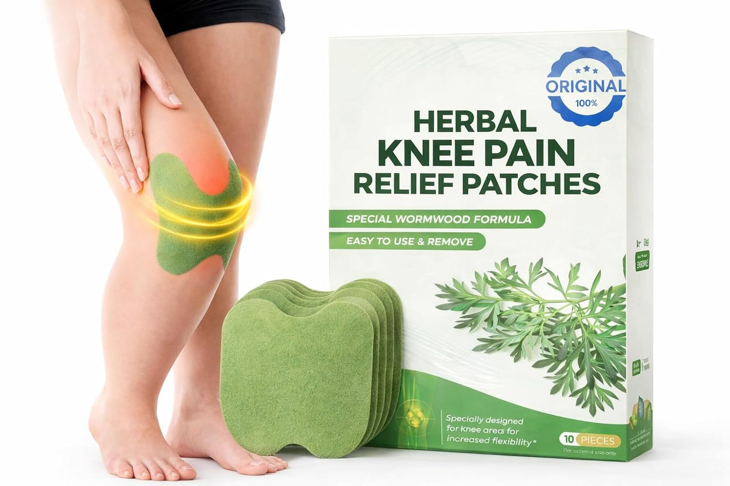 Herbal Knee Pain Relief Patches (20 Count) – 12-Hour Long Lasting Heat Therapy for Joint Pain