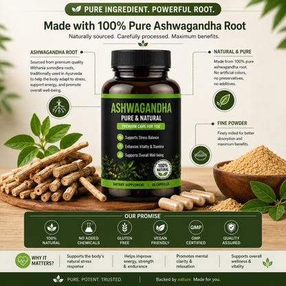 Ashwagandha Pure & Natural Capsules | Stress Relief, Energy & Overall Wellness | 60 Capsules