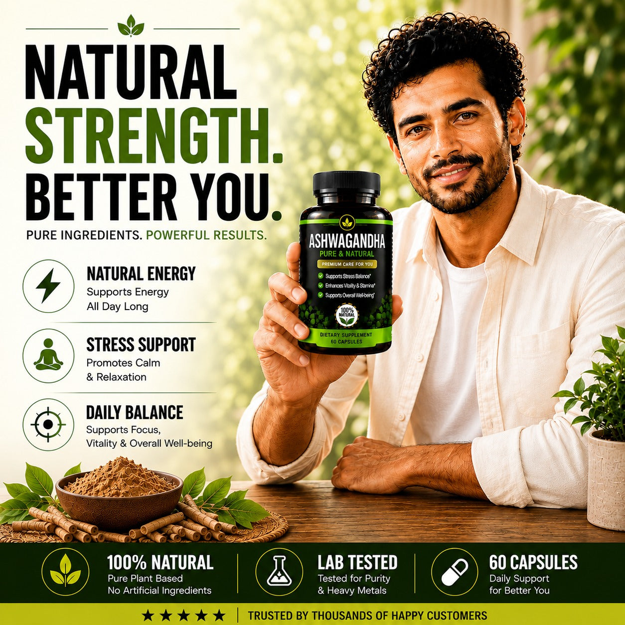 Ashwagandha Pure & Natural Capsules | Stress Relief, Energy & Overall Wellness | 60 Capsules