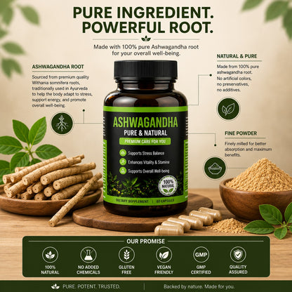 Ashwagandha Pure & Natural Capsules | Stress Relief, Energy & Overall Wellness | 60 Capsules