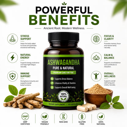 Ashwagandha Pure & Natural Capsules | Stress Relief, Energy & Overall Wellness | 60 Capsules