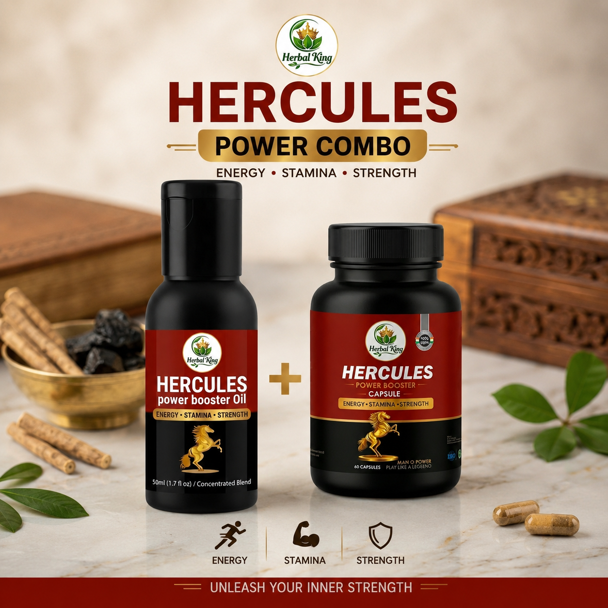 Herbal King Hercules Power Combo – Power Booster Oil + Power Booster Capsules for Energy, Stamina & Strength