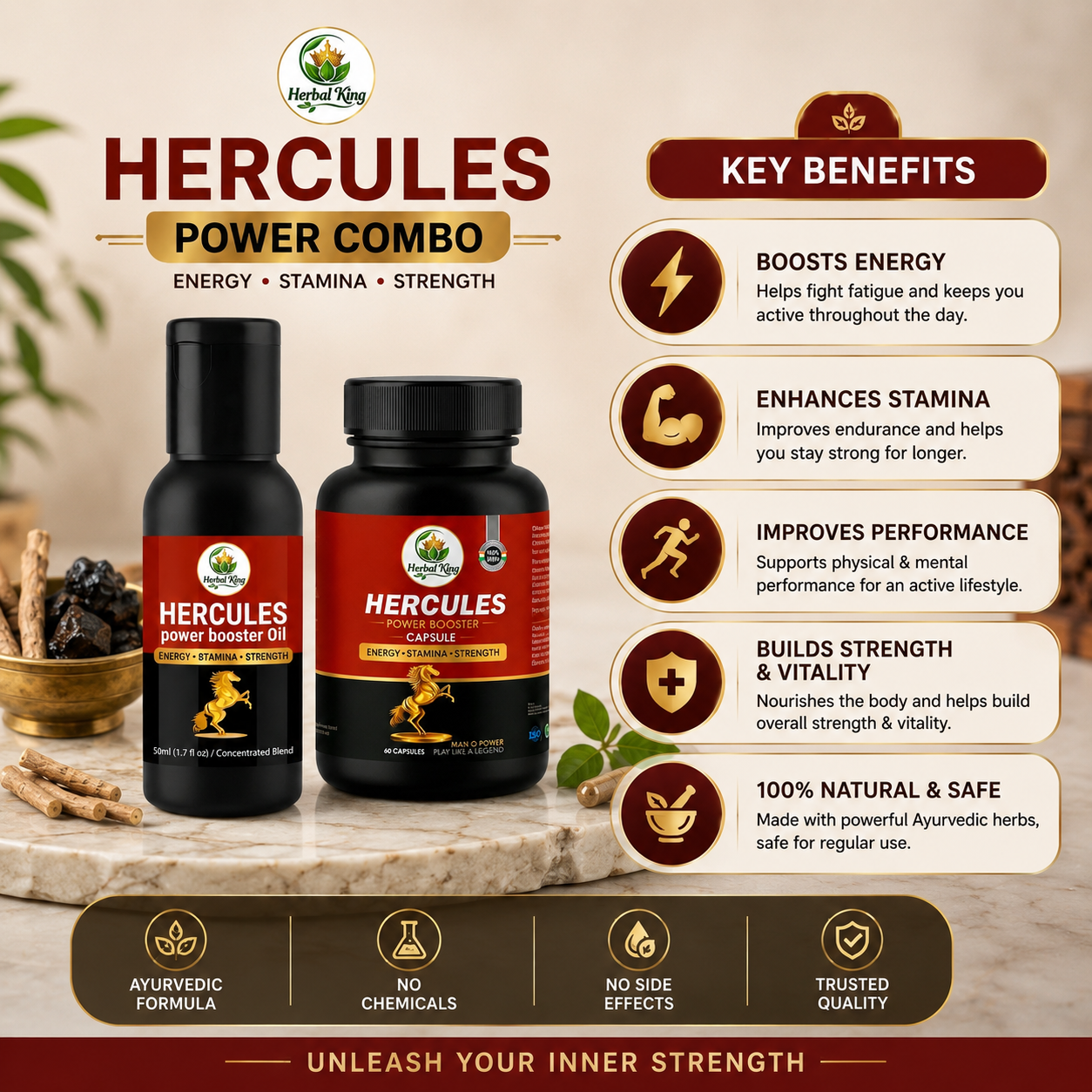 Herbal King Hercules Power Combo – Power Booster Oil + Power Booster Capsules for Energy, Stamina & Strength