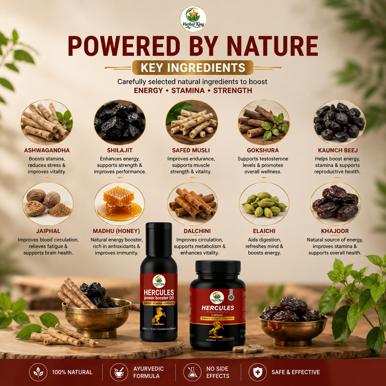 Herbal King Hercules Power Combo – Power Booster Oil + Power Booster Capsules for Energy, Stamina & Strength