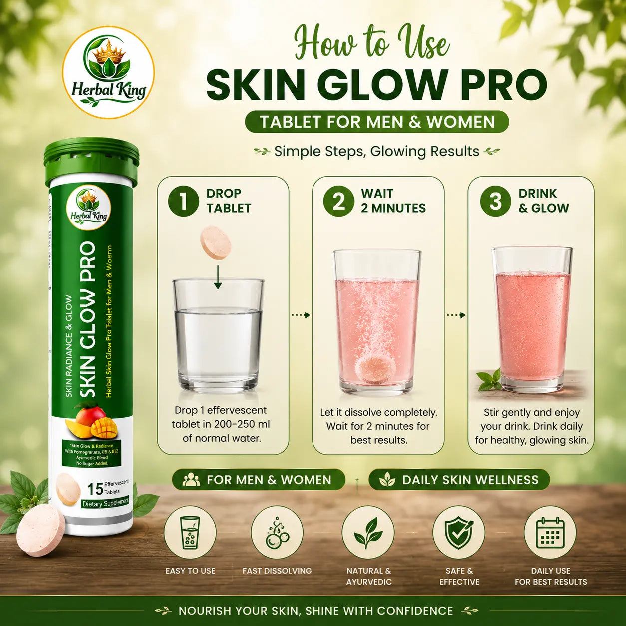 Herbal King Skin Glow Pro Effervescent Tablets for Men & Women